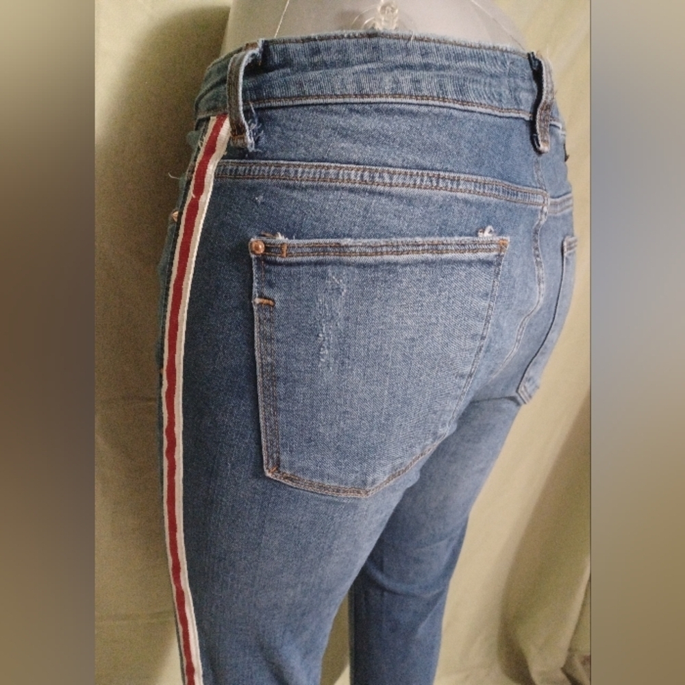 Zara Basic Denim Dept. Blue Skinny Jeans with Red and White Stripe - Picture 7 of 13